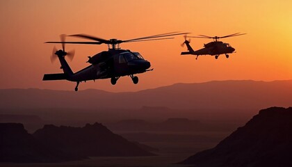 Wall Mural - Two attack helicopters fly in sync over a desert at dusk, silhouetted against an orange sky, with depth of field and sunset lighting enhancing the dramatic scene.






