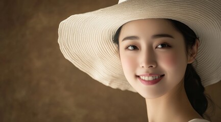 Wall Mural - Studio shot of a woman with long black hair, wearing a white hat and makeup, highlighting her delicate skin and refined beauty.