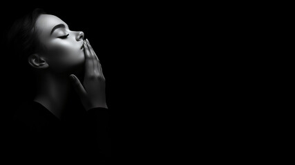 facial expression - a young woman with closed eyes against a black background