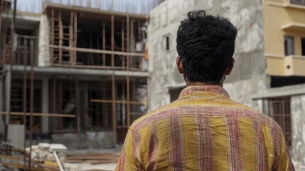 Sticker - A man in yellow shirt looking at a building under construction, AI