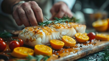 Close-up of Hands Arranging Grilled White Fish with Rosemary, Citrus, and Tomatoes on wooden Board