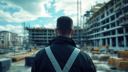 Canvas Print - A man in a black jacket looking at the construction site, AI