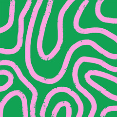 Wall Mural - Playful hand drawn pattern, curved pink pencil lines. Chaotic ink textured lines on green background, doodle swirls, wavy strokes, crosshatch, squiggles. Sketch vector illustration.