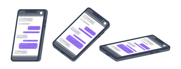 Hand drawn smartphones. Mobile phones screen with messenger chat, mobile device with different angles views flat vector illustration set. Cartoon mobile cell phones on white