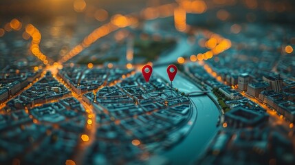 Two Red Location Pins In Busy Evening City Center During Twilight. Bokeh Light Effect.