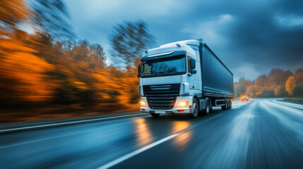 Wall Mural - Truck in motion on the road, cargo transportation concept