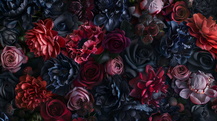 Dark floral wallpaper, Red, black and blue roses and peonies, Gothic moody flowers composition