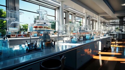 Poster - Modern scientific chemical medical research laboratory with equipment and flasks for conducting research and testing experiments