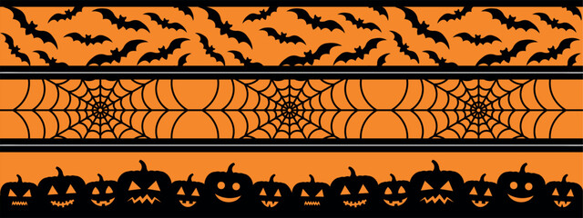 Halloween washi tape design, orange and black border and flame set, vector decorative elements