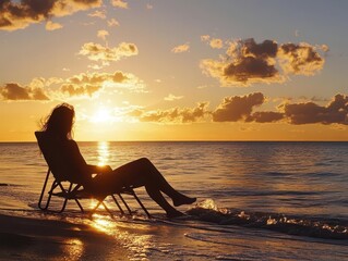 Wall Mural - silhouetted woman relaxes in beach chair at sunset ocean waves lapping shore