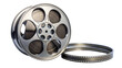 © David - Silver film reel with film strip partially unspooled isolated on transparent background