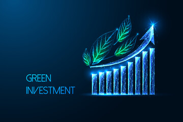 Wall Mural - Green investment abstract concept with growth chart and green leaves on dark blue background. 