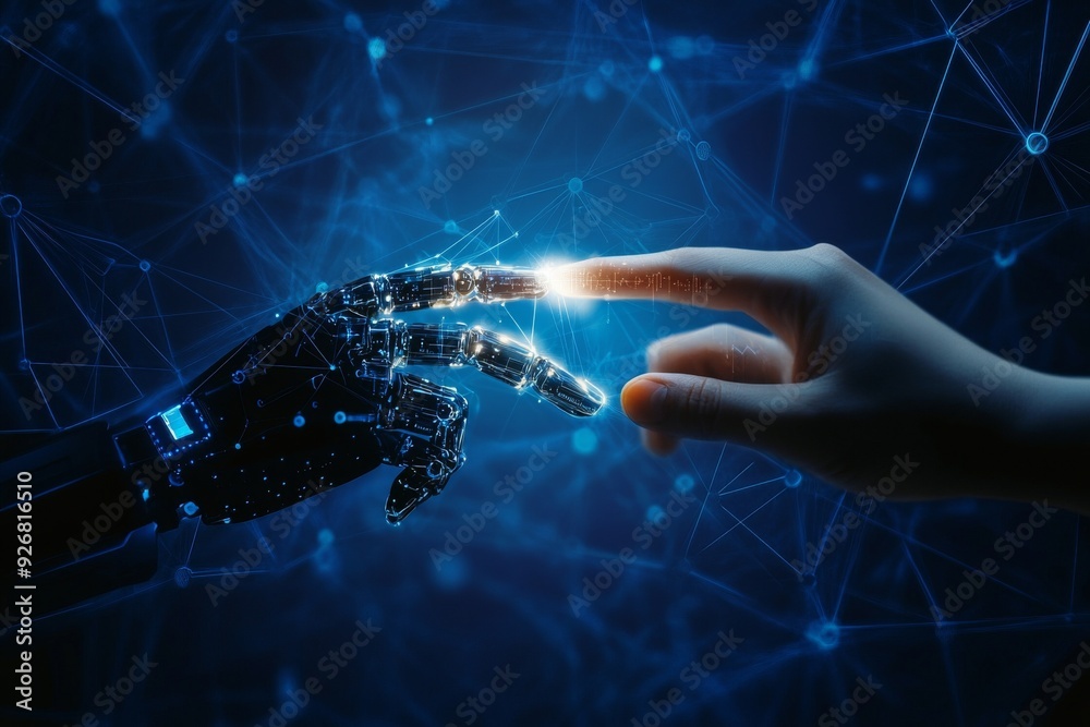 Human hand and robot finger touching in front of a digital data ...