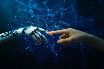 Fototapete - Human hand and robot finger touching in front of a digital data connection background, symbolizing artificial intelligence and futuristic technology.