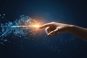 Fototapete - Human hand and robot finger touching in front of a digital data connection background, symbolizing artificial intelligence and futuristic technology.