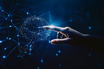 Fototapete - Human hand and robot finger touching in front of a digital data connection background, symbolizing artificial intelligence and futuristic technology.