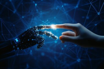 Fototapete - Human hand and robot finger touching in front of a digital data connection background, symbolizing artificial intelligence and futuristic technology.