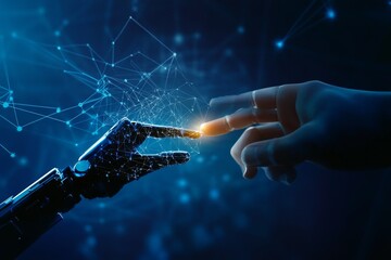 Fototapete - Human hand and robot finger touching in front of a digital data connection background, symbolizing artificial intelligence and futuristic technology.