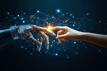 Fototapete - Human hand and robot finger touching in front of a digital data connection background, symbolizing artificial intelligence and futuristic technology.