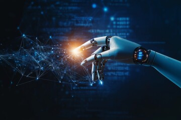 Fototapete - Human hand and robot finger touching in front of a digital data connection background, symbolizing artificial intelligence and futuristic technology.