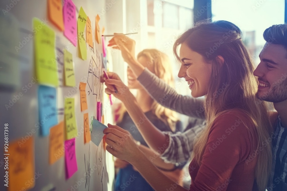 Creative team brainstorming on an office wall with colorful sticky ...