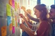 © 为轩 张 - Creative team brainstorming on an office wall with colorful sticky notes, laughing and sharing ideas in a bright workspace illuminated by natural light. Collaborative environment for new projects.