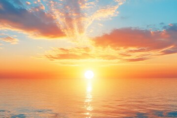 Serene summer sunset over the sea with golden sunlight reflecting on the water and soft clouds in the sky, creating a peaceful and tranquil atmosphere.