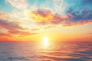 Serene summer sunset over the sea with golden sunlight reflecting on the water and soft clouds in the sky, creating a peaceful and tranquil atmosphere.