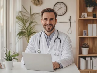 Wall Mural - smiling european doctor in white coat at desk with laptop