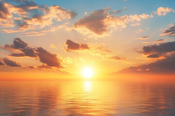 Serene summer sunset over the sea with golden sunlight reflecting on the water and soft clouds in the sky, creating a peaceful and tranquil atmosphere.