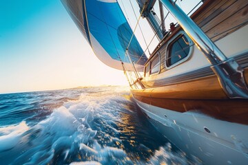 Wall Mural - Sailing yacht in open sea at sunset, close-up of wooden cabin and blue sails gliding over high waves. Ideal for travel and adventure concepts.