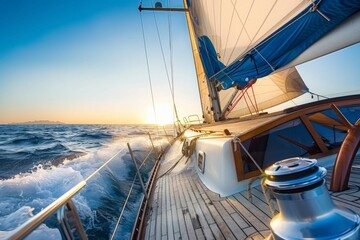 Wall Mural - Sailing yacht in open sea at sunset, close-up of wooden cabin and blue sails gliding over high waves. Ideal for travel and adventure concepts.