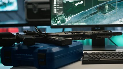 Poster - Weapons on table in empty control center housing operational missile defense system designed to intercept ballistic threats. Close up of guns in army headquarters used for tracking rockets with radar