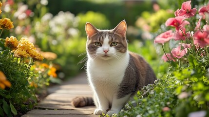 Enchanting Cat Posing Amidst a Colorful Flower Garden