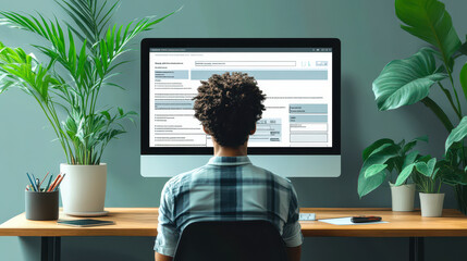 Poster - Man Working on Digital E-Invoice at Computer Desk, Home Office Setting with Plants, Modern Remote Work, Paperless Billing Concept