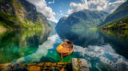 Wall Mural - A serene landscape with a lonely wooden boat on clear water. Lush green mountains surround the tranquil lake. This image captures natural beauty and calm. Perfect for travel themes. AI