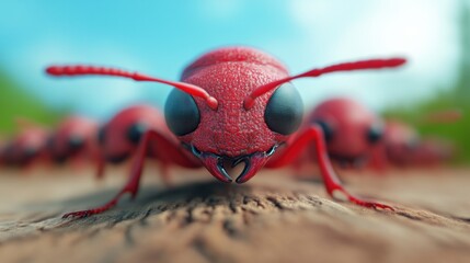 Poster - A close up of a red bug with big eyes and antennae, AI