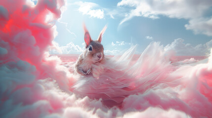 Poster - Sci-fi squirrel in a pink cloud exploring an unknown world with floating light effects and a futuristic atmosphere in an alien environment