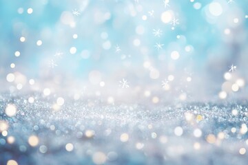 Dreamy winter scene with blurred snowflakes, pastel blue and white hues, bohemian style, and sparkling glitter, perfect for large canvas prints.