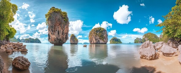 Panoramic view of Phuket Island with lush tropical greenery, clear turquoise waters, and a stunning archipelago, showcasing Phang Nga Beach and James Bond Island, reflecting natural beauty and serene 