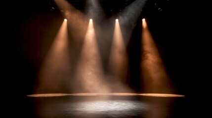 Aufkleber - Dramatic stage lighting creates an ambiance of anticipation. Soft beams illuminate the floor in a mist of smoke. Perfect for theater, concerts, or performance art. Set the mood. AI