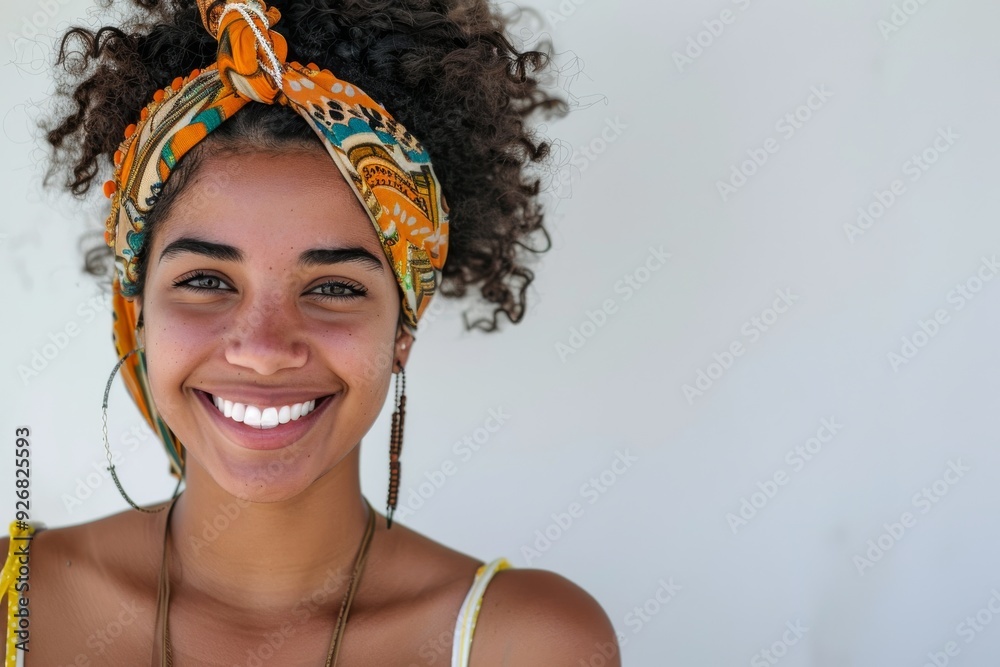African American Woman with curly hair and large hoop earrings, wearing ...