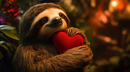 A furry sloth holds a heart with gentle affection, embodying the warmth of an indoor oasis for all mammals.