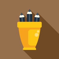 Canvas Print - Three pencils are standing upright in a yellow container, casting a long shadow