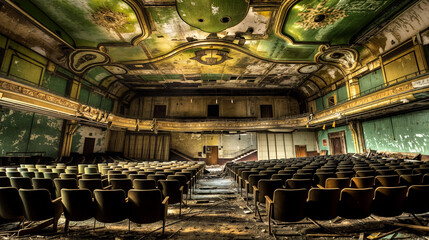 Abandoned Theater, captured in a decaying grandeur in the early evening light of a golden sunlight 