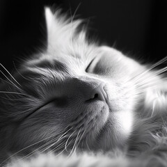 Wall Mural - A peaceful black and white image of a sleeping cat, perfect for relaxation, pet care, and cozy home atmosphere