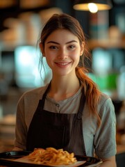 smiling barista in casual attire