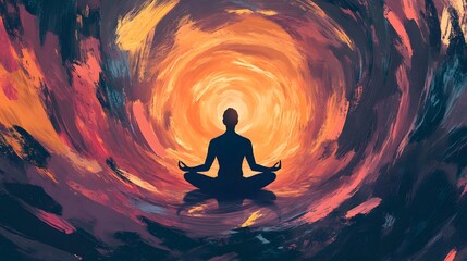 A style illustration of a person meditating in the center of a swirling, abstract environment filled