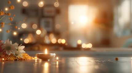 A traditional oil lamp, a clay diya candle, is glowing in celebration of Diwali, a Hindu festival of lights