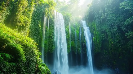 Lush Green Waterfall In Tropical Rainforest.